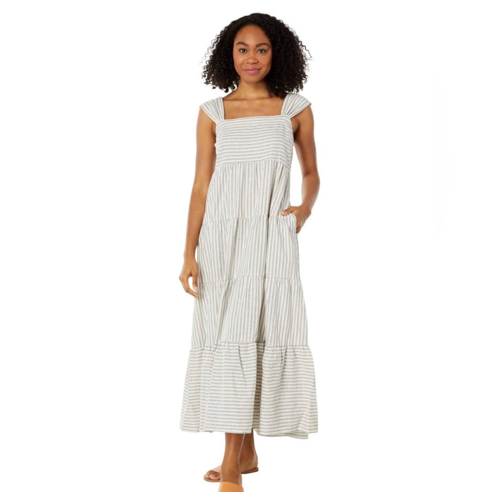 Madewell tiered maxi linen blend striped dress extra large